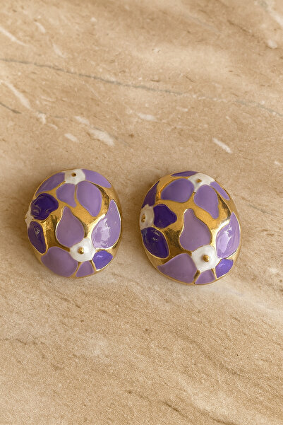 JEWELRY Mor Çiçek Motifli Çelik Küpe
