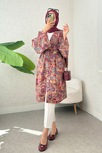 Salih Çelebi Etnik Desen Uzun Kimono 23961 - BORDO