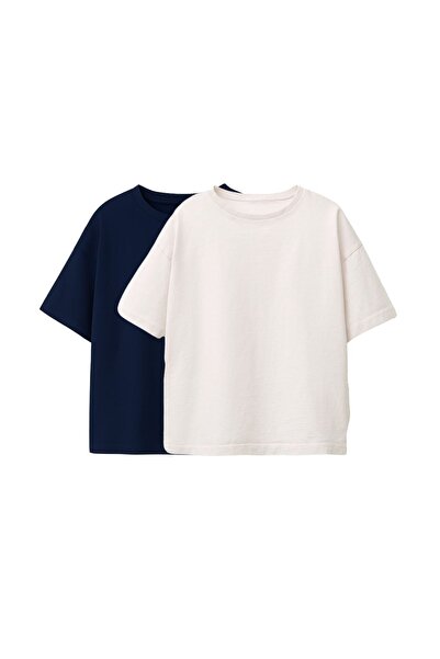 ZUZUNGA Basic 2-Piece Unisex Crew Neck T-Shirt (Navy Blue - White)