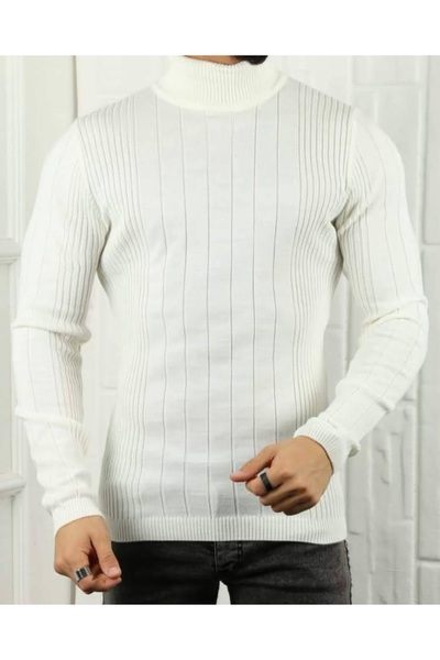 meday Clothing Men's Turtleneck Vertical Striped Fit Knit Sweater