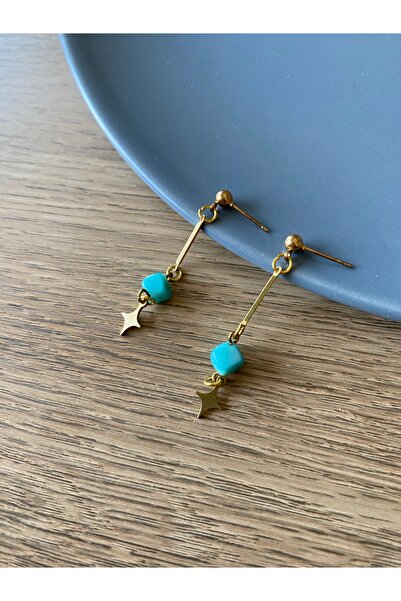 dela otantik Yıldız Detaylı Turkuaz Taşlı Uzun Sallantılı Küpe | El Yapımı Minimal Bohem Otantik Bijuteri Takı
