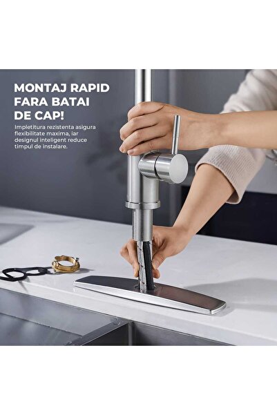 Elindor Baterie de bucătărie cu cioc înalt, pulverizator retractabil, aerator detașabil, oțel inoxidabil, argintiu