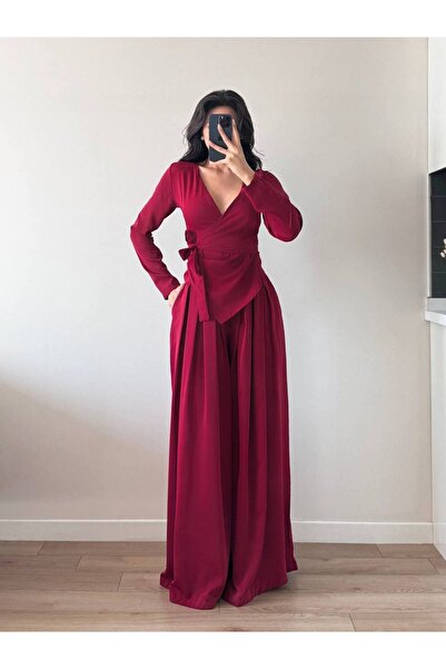 LOCH BUTİK Women's Burgundy Double Breasted Collar Tie Pleated Pants Two Piece Set