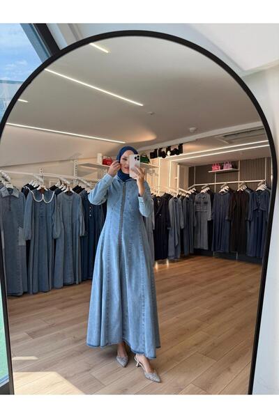 OlaLady Women's Wave Stitched Hooded Hijab Denim Cap Overcoat