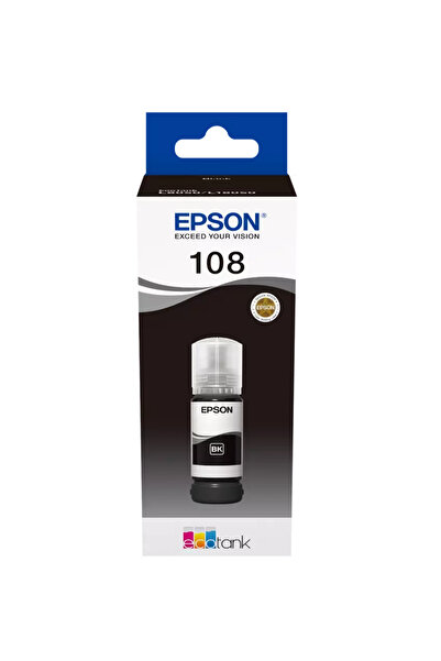 EPSON زجاجة حبر أسود Eco Tank 108، سعة 70 مل، حتى 3600 صفحة، متوافقة مع طابعات L8050 وL18050