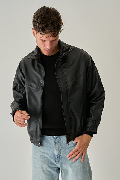 Rogyi Tekstil Erkek Oversize Deri Ceket Dik Yaka Beli Lastikli Oversize Şık R...