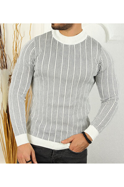 meday Clothing Men's Half Turtleneck Vertical Striped Fit Knit Sweater