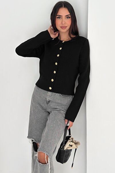 FEMELLE Black Basic Gold Button Cardigan - Standard Size