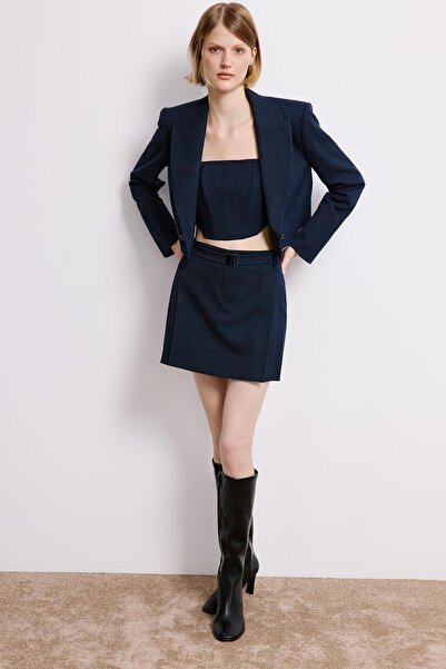 rue Double-Breasted Striped Navy Blue Crop Jacket