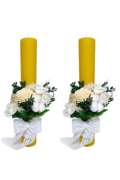 OEM Set 2 lumanari cununie/nunta din ceara naturala, decorate cu flori natura...