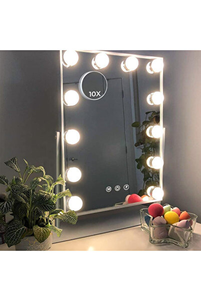 Elindor Oglindă de machiaj cu 12 lumini LED, culori reglabile, zoom 10X, bază solidă, 360°, albă