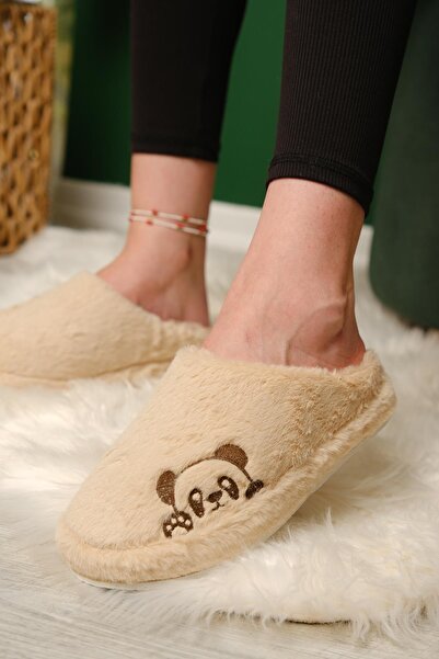 Oksit Panda Embroidered Women's House Slippers Plush Slippers Dowry and Bundle Slippers Do Not Make Noise Thick Sole