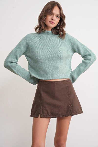 Mixray 6854 Γυναικείο πλεκτό πουλόβερ με ψηλό γιακά, ολόσωμο, μέντα