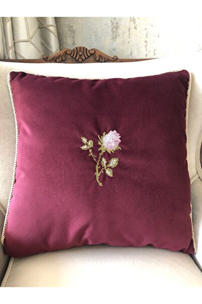 Home Kanaviçe Gül, Nakışlı Kadife Kırlent Kılıfı, 40 x 40 cm