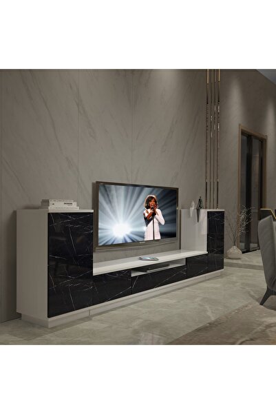 Decoraktiv Trio On2s Mdf Tv Ünitesi Tv Sehpası - Beyaz - Siyah Mermer