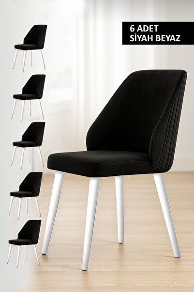 Renlife Sandalye 6 Adet Mutfak/Salon Sandalyesi Baby Face Kumaş Metal Siyah Ayak ( Siyah Kumaş Beyaz Ayak)