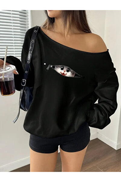 MELADYAN Kadın düşük kol kedi baskılı oversize sweetshirt