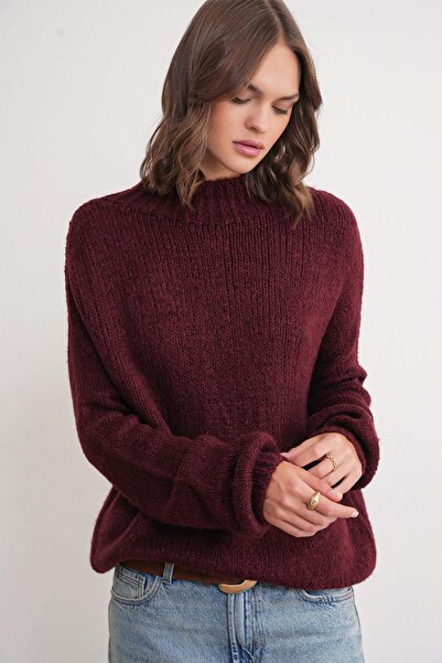 Mixray 6700 Γυναικείο πλεκτό πουλόβερ με ψηλό γιακά μπαλόνι μπορντό
