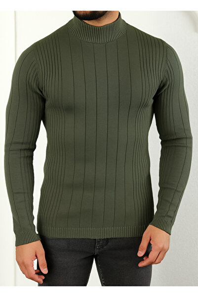 meday Clothing Men's Half Turtleneck Vertical Striped Fit Knit Sweater