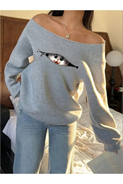 MELADYAN Kadın düşük kol kedi baskılı oversize sweetshirt
