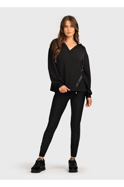 Liu Jo Kadın Normal Kalıp Kapüşonlu V Yaka Logo Şeritli Uzun Kollu Siyah Sweatshirt TF5091J4616-22222