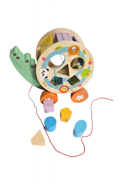 No Label Jucărie de trage Crocodil fericit cu sortator – Design scandinav, blocuri colorate