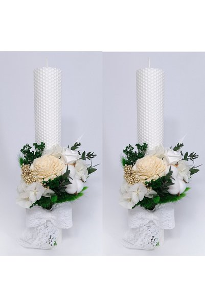 OEM Set 2 lumanari cununie/nunta din ceara naturala, decorate cu flori naturale criogenate/uscate,H35/D5