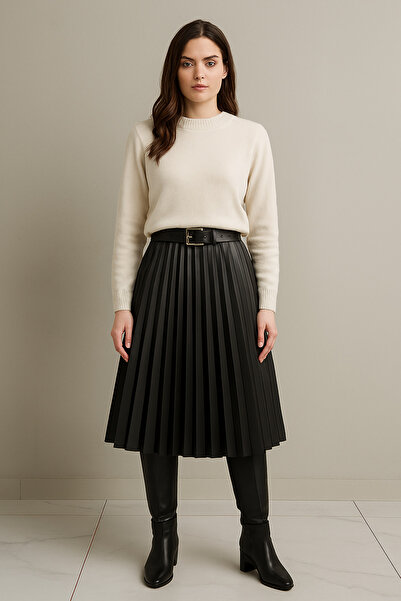 BLESSİNGTR Women's Thin Pleated Leather Skirt