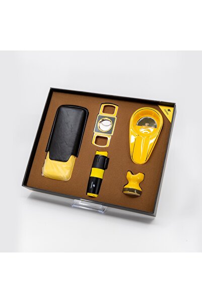 COHİBA Çakmak Kesici Kılıf Küllük Sehpa Beşli Sarı - Siyah Puro Seti