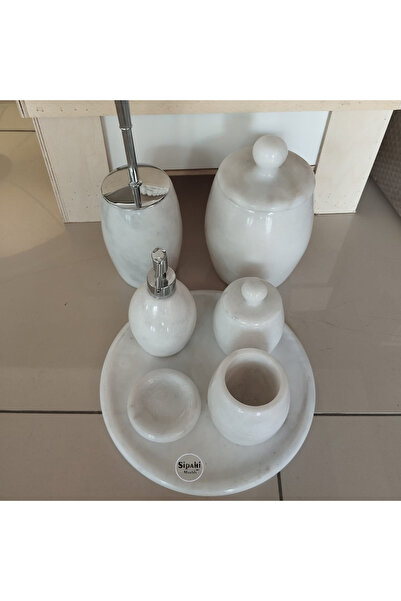 SİPAHİMARBLE Afyon Beyaz Mermer Krom Aparatlı Şehzade Başlı 7'li Banyo Seti