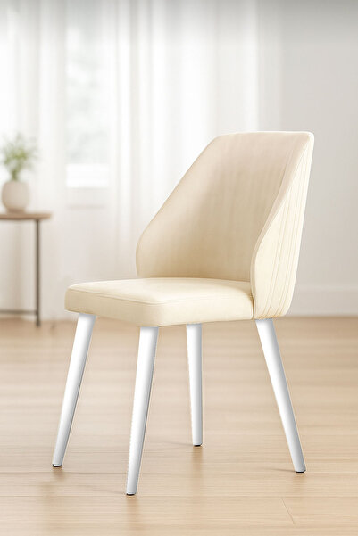 Renlife Sandalye 6 Adet Mutfak/Salon Sandalyesi Baby Face Kumaş Metal Siyah Ayak ( Krem Kumaş Beyaz Ayak)