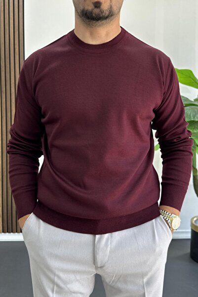 Edwox Pulover pentru bărbați cu gât rotund, model normal, roșu Claret Edw410