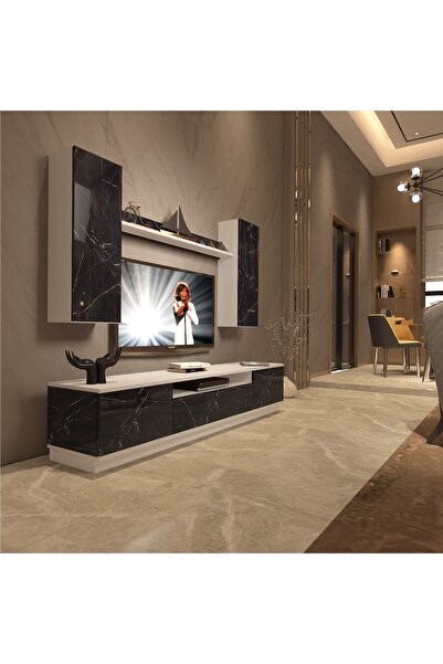 Decoraktiv Trio 5ds Mdf Tv Ünitesi Tv Sehpası - Beyaz - Siyah Mermer