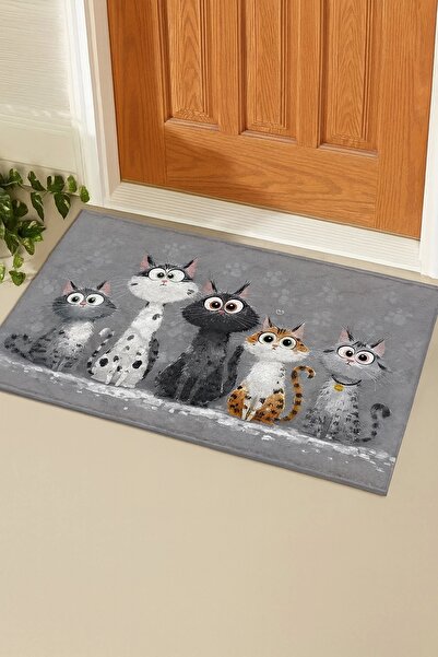 Valerine Life Miyavcıklar Derneği Welcome Hoş Geldiniz Gri Dijital Baskılı Kapı Önü Paspası 45x70cm