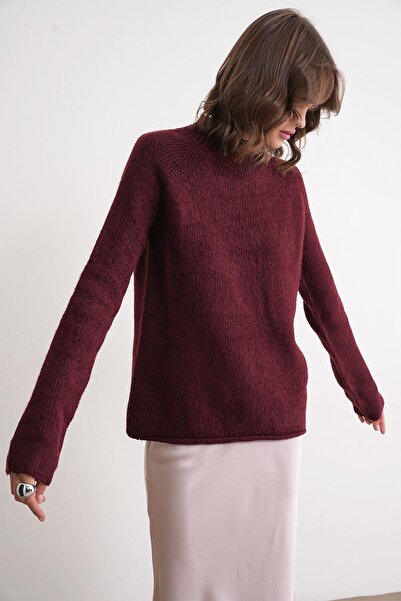 Mixray 6849 Women's Seamless Stand Collar Knit Sweater Burgundy