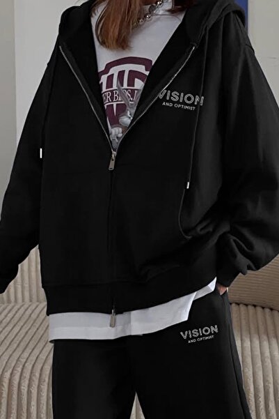 The Champ Clothing Γυναικείο σετ φόρμας oversize Vision με στάμπα μαύρο – Φούτερ με φερμουάρ, κορδόνι στη μέση, πόδια σε σχήμα σωλήνα