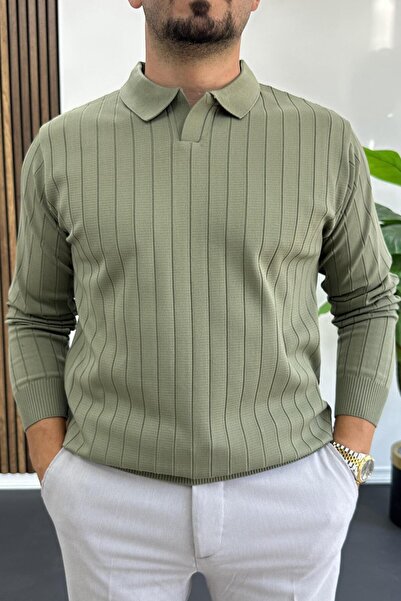 Edwox Men's Open Collar Regular Fit Sweater Khaki Edw412