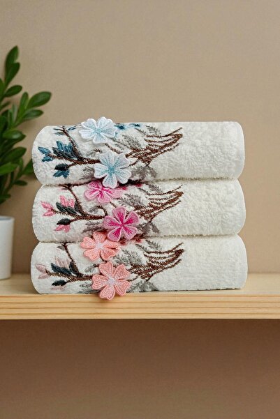 asev tekstil 30X50 cm Guipure Flower Embroidered 3-Piece Kitchen Towel |   Hand Towel |   Face Towel Set