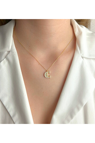 Şimal Silver 925 Ayar Gümüş Altın Kaplamalı Baget Taşlı - Ç - Harfi Kolye