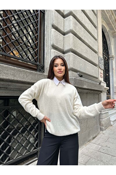Hatun Atila Pulover oversize cu textura moale și cu barbă 2616 - alb