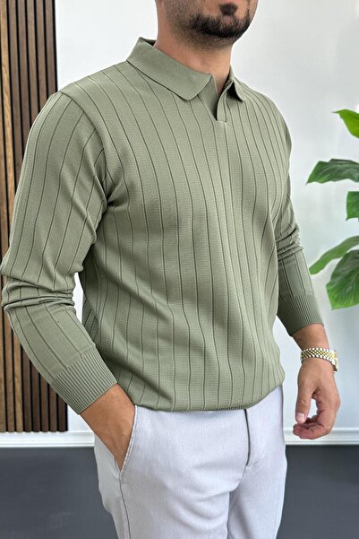 Edwox Men's Open Collar Regular Fit Sweater Khaki Edw412