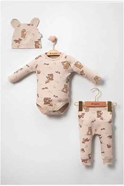 BEBENAZ Organic 100% Cotton Deer Patterned Bodysuit with Hat, 3-Piece Baby Set