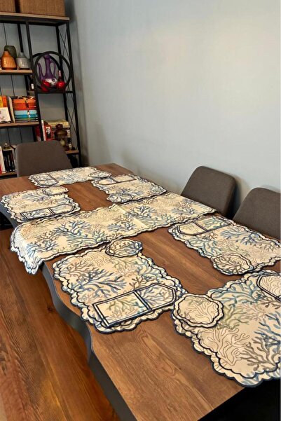 Çeyiz Diyarı Dalım Linen Embroidered American Dinner Set 19 Pieces Blue