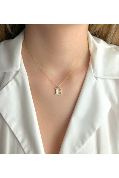 Şimal Silver 925 Ayar Gümüş Altın Kaplamalı Baget Taşlı - B - Harfi Kolye