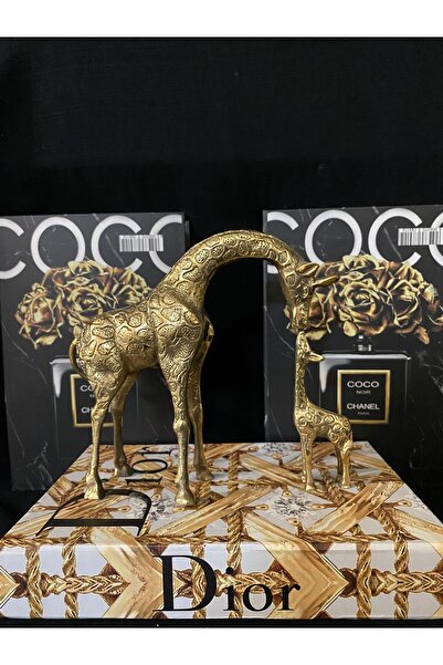 DecoZel El Yapımı Biblo Dekoratif Pirinç Döküm Zürafa Ve Yavrusu