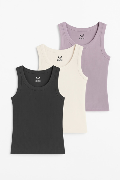 Rich Women's 3-Pack Black-White-Lilac Zero Sleeve Camisole Bodysuit-Crew Neck 100% Cotton Tank Top Blouse