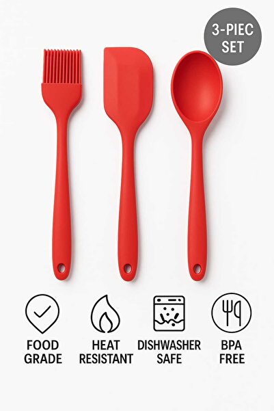 CKM silikon Silicone Fireproof Non-Stick Large 3-Piece Spatula Brush Spoon Set Red