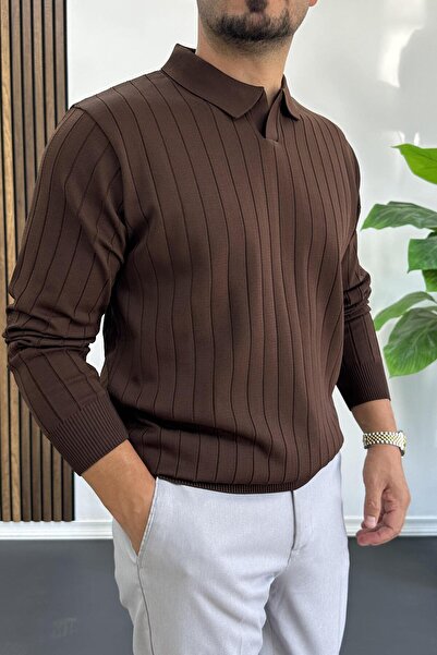 Edwox Мъжки пуловер с отворена яка и редовна кройка, кафяв Edw412