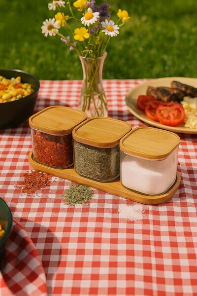 isra kristal طقم أوعية توابل زجاجية مع أغطية من الخيزران - 3 قطع - حاوية تخزي...