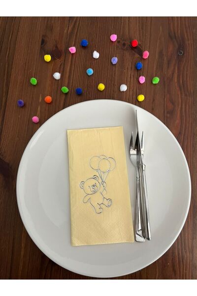 kidspartim مناديل مائدة مطبوعة على شكل دب لطيف باللون الأصفر الفضي المذهب 16 ...